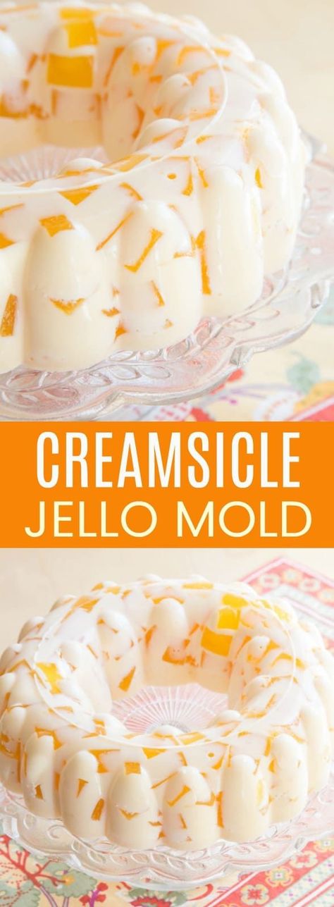 Creamsicle Jello Mold - cubes of fresh orange jello floating in vanilla ice cream gelatin is a creamy and fun retro dessert based on vintage recipes. This gluten-free no-bake dessert recipe is perfect for spring and summer. #cupcakesandkalechips #creamsicle #jello #jellomold #jellosalad #retrorecipe #glutenfree #nobakedessert via @cupcakekalechip Orange Creamsicle Jello, Creamsicle Jello, Jello Mold Recipes, Jello Dessert Recipes, Healthy Treats Recipes, Retro Desserts, Gelatin Recipes, Jello Desserts, Gelatin Dessert