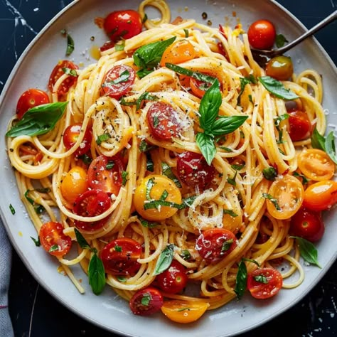 Cherry Tomato Pasta Recipe - sandyrecipes.com Easy Pasta Recipes With Tomatoes, Basil Cherry Tomato Pasta, Fresh Cherry Tomato Pasta, Spaghetti And Tomatoes, Pasta With Cherry Tomatoes And Basil, Pasta With Fresh Tomatoes And Basil, Baked Cherry Tomato Pasta, Pasta With Tomatoes And Basil, Fresh Cherry Tomato Recipes