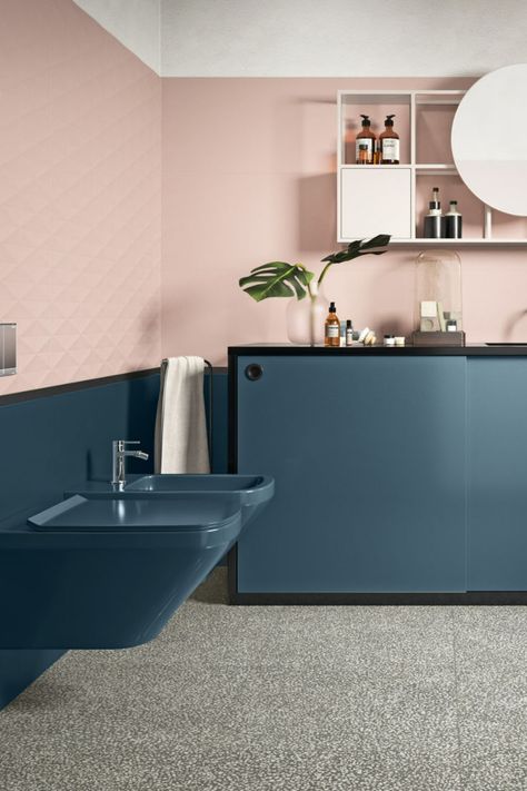 Mauve And Blue Bathroom, Navy And Pink Bathroom Ideas, Blue Pink Bathroom, Pink And Blue Tile Bathroom, Playful Bathroom, Blue Tile Bathroom, Pink Toilet, Pink Tile, Blue Bathroom Tile