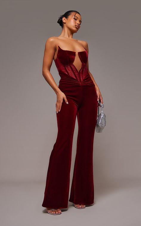 Take the stress out of weekend styling with this unreal cherry red velvet corset bandeau ruched jumpsuit. Brought to you in a cherry red velvet material with a bandeau style and ruched detailing, you really can't go wrong with this jumpsuit doll. Style with clear strap heels and gold accessories for a look that will have eyes on you for all the right reasons.   Length approx 154cm/60.5 (Based on a sample size UK 8)   Model wears size UK 8/ EU 36/ AUS 8/ US 4   Model Height - 5ft 6 Ruched Jumpsuit, Formal Jumpsuits, Bandeau Jumpsuit, Xmas Outfit, Burgundy Jumpsuit, Clear Strap Heels, Velvet Corset, Formal Jumpsuit, Velvet Jumpsuit