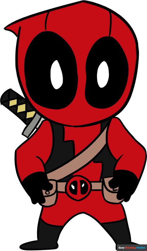 Learn to draw a chibi Deadpool. This step-by-step tutorial makes it easy. Kids and beginners alike can now draw a great looking chibi Deadpool. Superhero Easy Drawing, Deadpool Chibi Cute, Deadpool Drawing Easy, Deadpool Doodle, Easy Drawings For Beginners Simple, Deadpool Drawings, Deadpool Kawaii, Cartoon Deadpool, Chibi Deadpool