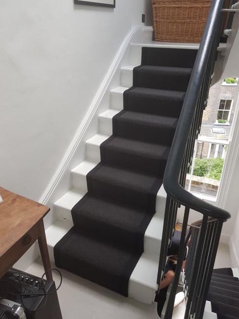 Black Carpet Runner to Stairs in West London Black Stairs With Runner, Update Stairs, Stairs With Runner, Painted Stair Railings, Bullnose Carpet Stair Treads, Black And White Stairs, Prom 23, White Staircase, Black Stairs