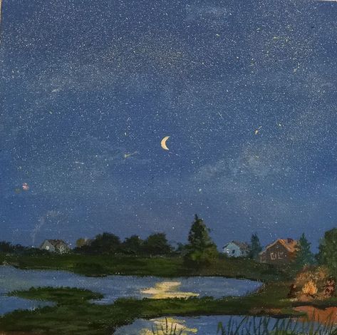 Star Sky Painting, Pretty Sky Painting, Nighttime Drawing, Moon And Star Wallpaper, Nighttime Painting, Painted Night Sky, Night Sky Drawing, Stars Painting, Sky Illustration