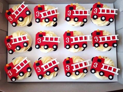 Firetruck Themed Cupcakes Birthday Firetruck Theme, Firetruck Third Birthday Party, Fireman Cupcake Ideas, Cupcake Firetruck Cake, First Responder Cupcakes, Fire Fighter Cupcake, Firetruck Cupcakes Ideas, Fire Truck Themed Birthday Party, Fire Truck Birthday Cake