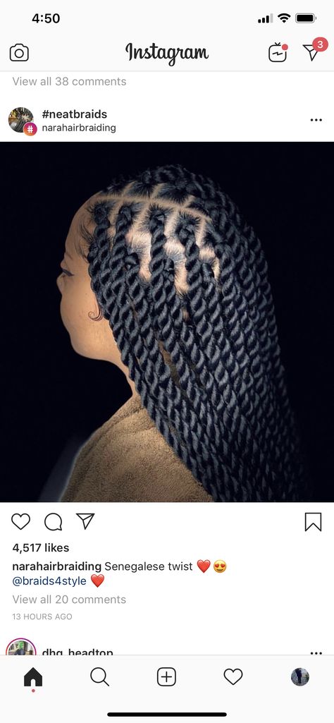 Large Part Twists, Senegalese Twist Hairstyles Large, Medium Knotless Senegalese Twist, Medium Large Senegalese Twist, Large Rope Twist Braids, Large Sengelese Twists, Knotless Rope Twists, Rope Twists Hairstyles, Knotless Senegalese Twist Braids Medium