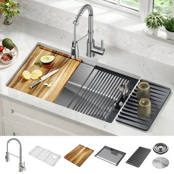 Delta 30” Undermount 16 Gauge Workstation Sink with 18” Kitchen Faucet Ledge Kitchen Sinks, Kitchen Sink Undermount, Kitchen Appliance Set, Sink Undermount, Sink With Accessories, 2022 Kitchen, Drainboard Sink, Deep Sink, Kitchen Sink Design