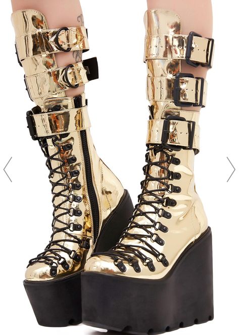 High Platform Shoes, Dolls Kill Shoes, Goth Shoes, Gold Boots, Metallic Boots, Glitter Boots, Kawaii Shoes, Metallic Shoes, Zipper Boots