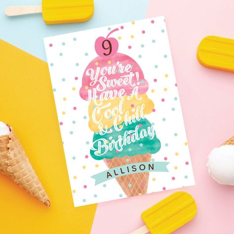 Fun Ice Cream Cone Scoop Confetti Birthday Card - kids birthday Dot Design Pattern, Colourful Ice Cream, Unique Ice Cream, Fun Ice Cream, Colorful Ice Cream, Magical Birthday, Happiest Birthday, Confetti Birthday, Birthday Items