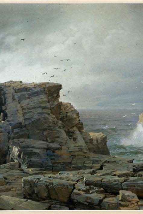 Rocky Coastline with with waves and seabirds Rocky Coastline with with waves and seabirds  William Trost Richards 1833-1905 Rocky Coastline, Pirates Of Penzance, Rocky Coast, Sea Birds, Seascape Paintings, Hunger Games, Rocky, Mermaid, Paintings