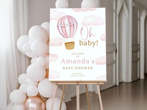 Personalized Acrylic Baby Shower Sign, Custom Foam Board Baby Shower Welcome Sign, Pink Balloon Baby Shower Easel sign,Oh Baby Shower Poster by MagnoliaDaneCo on Etsy Diy Baby Shower Invitations, Boy Or Girl Sign, Travel Themed Baby Shower, Pink Hot Air Balloon, Hot Air Balloon Theme, Air Balloon Nursery, Adventure Awaits Baby Shower, Balloon Nursery, Balloon Theme