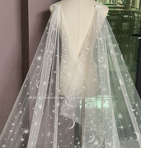 New Shiny Moon Star White Clip Wedding Veil for Bride Shoulder Wedding Veil Moon Star Clip Cape Shiny Cape 3.5m Long Glittering Veil - Etsy Moon And Stars Wedding Veil, Celestial Wedding Cape, Constellation Wedding Veil, Starry Wedding Veil, Moon Wedding Veil, Celestial Wedding Veil, Acotar Themed Wedding, Celestial Wedding Theme Starry Nights, Celestial Wedding Ideas