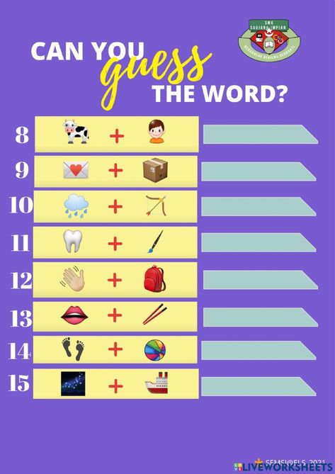 Emoji guess the word Guess The Word Game, Mystery Word, Guess The Word, Year 2, Year 11, Word Games, School Subjects, English Language, Vocabulary