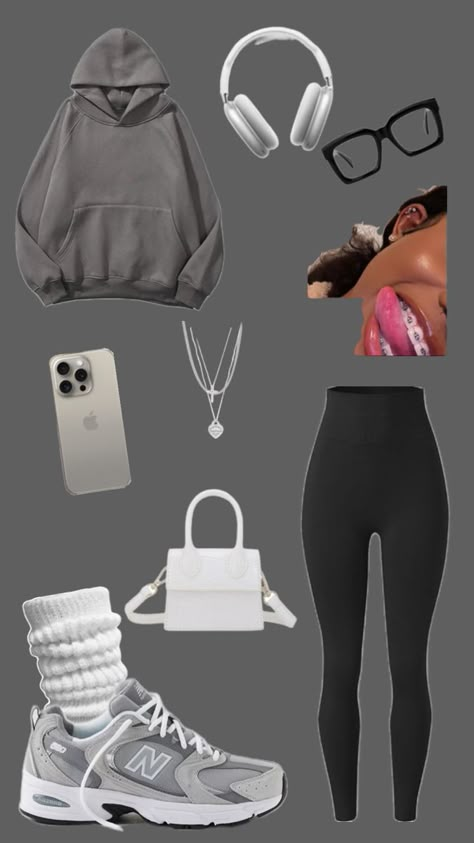 Chill Outfits With Hats, Rain Fits Aesthetic, Black It Girl Essentials, Grey Nb Outfit, Outfit Creator App, Outfit Ideas Puffer Jacket, Cute Outfits For When Its Cold, Jordan 4 Motorsport Outfit, Cute Outfits With Grey Leggings