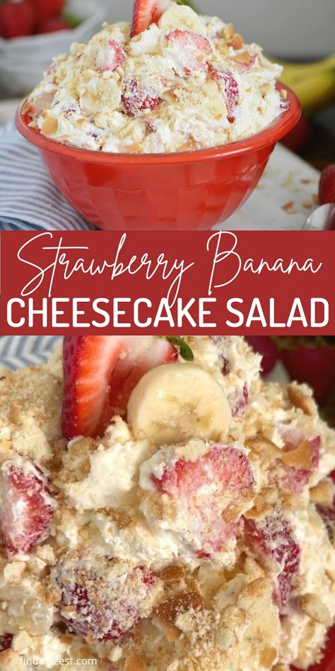 Indulge in the perfect party treat with our Strawberry Banana Cheesecake Salad. This delightful fruit salad combines succulent strawberries, sweet bananas, creamy cheese, and a luscious pudding mix, all topped with a fluffy whipped topping. For an extra touch of cheesecake magic, sprinkle with crushed vanilla wafers or graham crackers. Strawberry Banana Cheesecake Salad, Cheesecake Salad, Banana Cheesecake, Vanilla Wafers, Strawberry Banana, Whipped Topping, Graham Crackers, Fruit Salad, Bananas