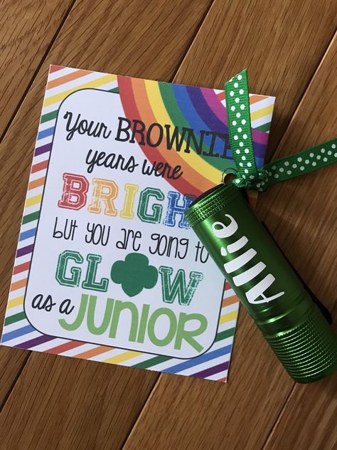 End Of The Year Girl Scout Gifts, Girl Scouts Bridging Gifts, Daisy Bridging To Brownies Gifts, Girl Scout Leader Gifts, Brownie Girl Scouts Badges, Girl Scout Brownies Meetings, Girl Scout Gifts, Girl Scout Mom, Girl Scout Bridging