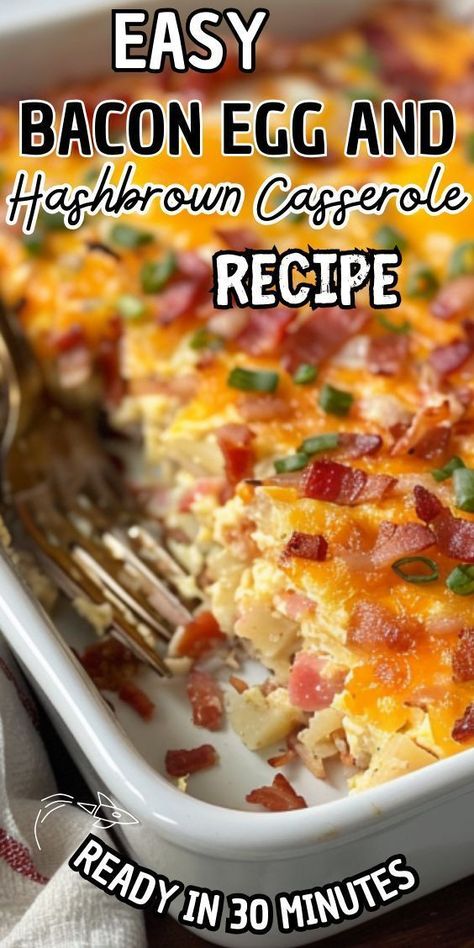 Easy Bacon Egg and Hashbrown Casserole—a hearty and satisfying breakfast dish that's perfect for feeding a crowd or enjoying as a cozy morning treat. Imagine layers of crispy bacon, fluffy eggs, and golden hashbrowns, all baked together in a creamy, cheesy casserole that's bursting with Egg And Hashbrown Casserole, Egg And Hashbrown, Hashbrown Casserole Recipe, Breakfast Casserole Bacon, Breakfast Pastry, Best Breakfast Casserole, Weekend Food, Hashbrown Casserole, Hashbrown Breakfast Casserole