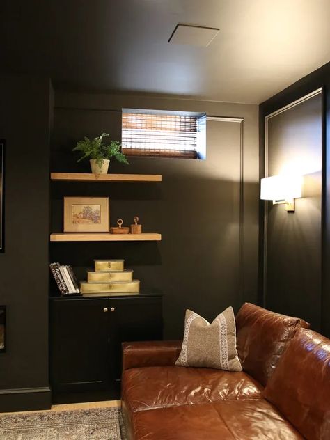 Black Walls In Basement, Black Ceiling Basement Dark Walls, Black Walls Ceiling, Urbane Bronze Basement, Black Wall Basement Ideas, Black Walls And Ceiling Living Room, Basement Dark Aesthetic, Painting A Room Black, Iron Ore Basement