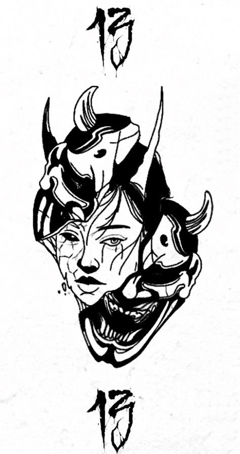 Three Faces Tattoo, Hanya Mask Tattoo, Cyberpunk Tattoo, Tattoos Sleeve, Mask Drawing, Oni Mask, Mask Tattoo, Hand Tattoos For Guys, Face Tattoo