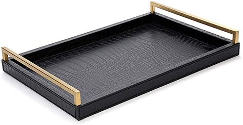 Amazon.com: WV Serving Tray Faux Black Crocodile Leather with Brushed Gold Stainless Steel Handle (Black and Gold): Home & Kitchen Leather Coffee Table, Leather Tray, Ottoman Tray, Coffee Table Tray, Gold Handles, Leather Ottoman, Crocodile Leather, Trinket Tray, Tray Table