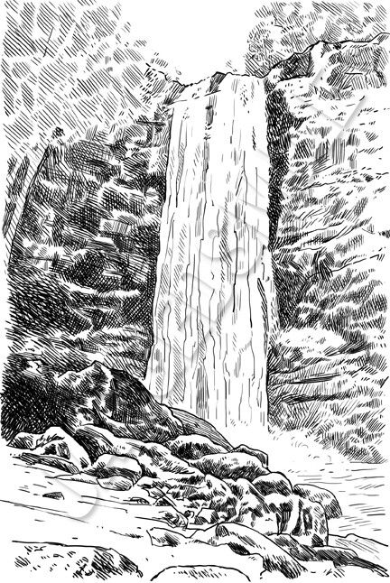 Waterfall Waterfall Sketch, Organic Drawing, Waterfall Drawing, Charcoal Painting, Landscape Pencil Drawings, Drawing Nature, Fall Drawings, Nature Art Drawings, Nature Sketch