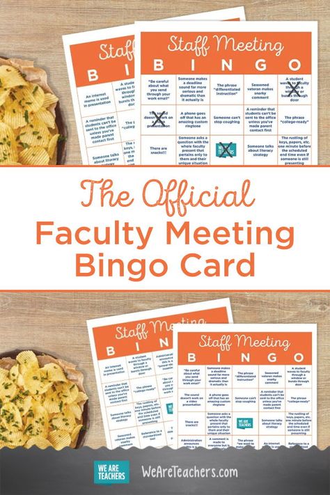 The Official Faculty Meeting Bingo Card. You may have seen faculty meeting bingo boards before, but this one’s the real deal. Print it, pass it around and watch teacher engagement soar. #printables #teacherhumor #teacherlife #teacher Ice Breakers For Teachers Meetings, Icebreakers For Teacher Staff Meetings, Professional Development Bingo, Meet And Greet Ideas For Work, Staff Bingo Board, Staff Ice Breakers Teachers, Faculty Meeting Ideas, Faculty Meeting Games, Staff Meeting Games