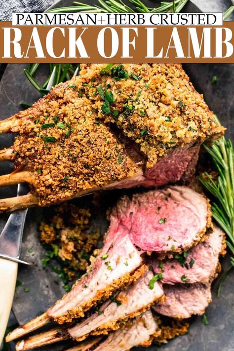 This Rack of Lamb with Herb Crust recipe is juicy, tender and delicious. Cooked in the oven to a perfect medium-rare and encrusted with parmesan cheese & fresh herbs. Lamb Recipes Oven, Lamb Rack Recipe, Herbs Recipes, Crusted Rack Of Lamb, Lamb Dinner, Night Dinner Recipes, Lamb Ribs, Weeknight Recipes, Lamb Dishes