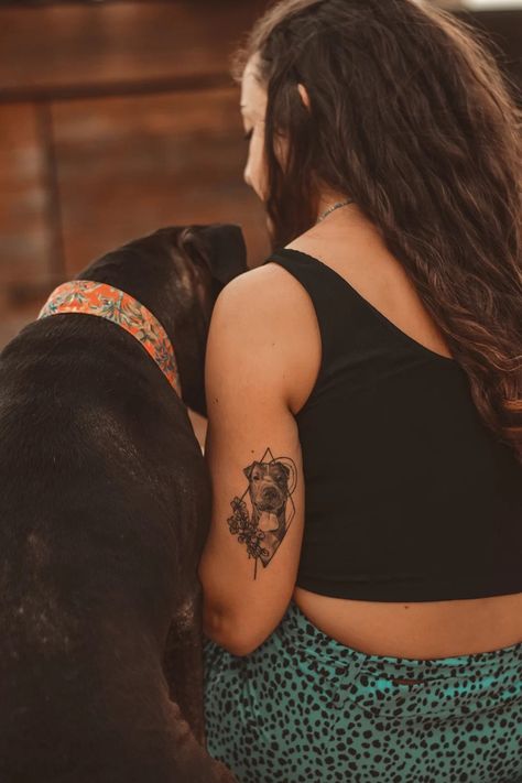 Dog Tattoo Ideas Pitbulls, Dog Portrait Tattoo Placement, Pet Memory Tattoos, Pitbull Tattoo For Women, Dog Tattoo Sleeve, Staffy Tattoos, Pitbull Tattoo Ideas, Dog Memorial Tattoos Unique, Dog Inspired Tattoos