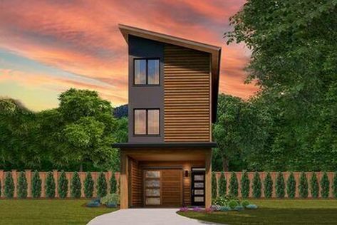 Blends rustic charm with industrial elements for a distinctive design. Narrow House Plans, Narrow Lot House, Narrow Lot House Plans, Small House Layout, Townhouse Designs, Garage House Plans, Modern Style House Plans, Narrow House, House Layout Plans