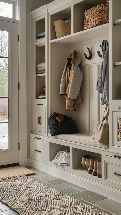 Modern entryway storage system with built-in shelves, coat hooks, and seating bench in a modern home, showcasing organization and functionality. Modern Entryway Storage, Mudroom Shelves, Cottage Entryway, Foyer Storage, New England House, Mudroom Remodel, Seating Bench, An Organized Home, Mud Room Entry