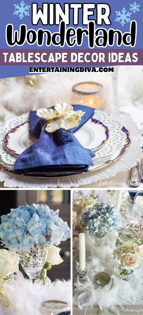 Winter Wonderland Tablescape Decor Ideas | Table Settings Blue Tablescapes Ideas, Table Themes Ideas, Winter Wonderland Tablescape, Blue Tablescapes, New Year's Eve Party Themes, Winter Wonderland Centerpieces, Nye Party Decorations, Winter Table Setting, New Years Eve Drinks