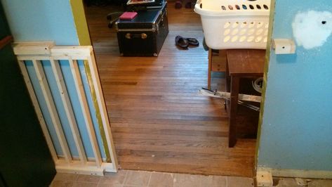 I built a sliding dog gate from scratch. - post - Imgur Sliding Dog Gate, Dual Desk, Dog Gates For Stairs, Diy Dog Gate, Diy Baby Gate, Dog Gates, Baby Gate, Sliding Gate, Dog Rooms