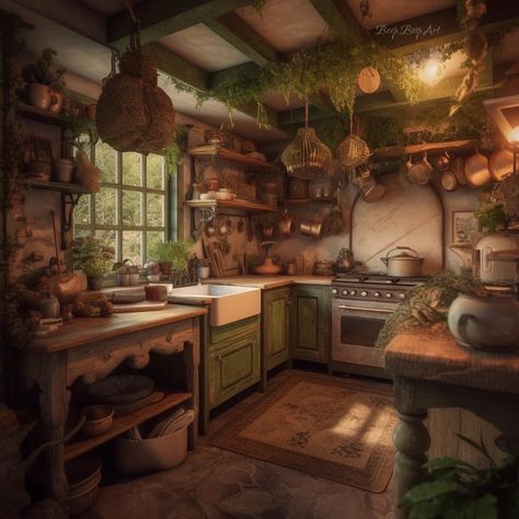 Cottagecore Fantasy House, Forest Cottage Interior Kitchen, Fantasy Cottagecore House, Fantasy Cottage Kitchen, Cottage Inside Interiors, Forest Cottage Kitchen, Hobbit House Kitchen, Hobbit House Aesthetic Interior, Hobbit Core House