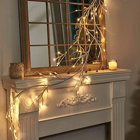 Branch Christmas Decor, Bedroom Fireplace Mantle, Wildwood Dancing, Fairy Lights In Trees, Garland Lights, Led Garland, Arch Balloon, White Garland, Christmas Branches