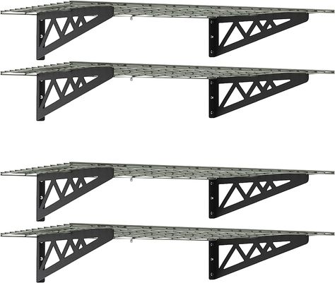 MonsterRax | Garage Wall Shelf Four-Pack White or Hammertone | Three Size Options | Includes Bike Hooks | 300lb Weight Capacity (Hammertone, 24"x48".. Tire Storage Rack, Organized Garage, Garage Shelving Units, Folding Workbench, Overhead Garage Storage, Garage Storage Racks, Pantry Shelves, Lag Bolts, Wall Shelving