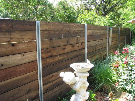 A suburban residential landscape featuring Texas native plants. Welcome to gardening, Texas style! Metal Fence Posts, Texas Native Plants, Outdoor Gate, Fence Planters, Natural Fence, Prairie Garden, Brick Fence, Horizontal Fence, Front Yard Fence