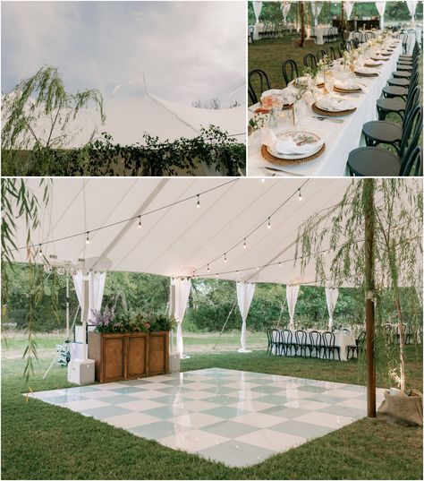 A backyard wedding with a tented reception, checkered dance floor, and organic florals. Wedding Outside Dance Floor, Backyard Wedding With Dance Floor, Build Your Own Dance Floor Outdoor Weddings, Outdoor Wedding Reception Dance Floor, Backyard Wedding Rug Dance Floor, Tent Floor Ideas, Diy Dance Floor Wedding, Wedding Tent Dance Floor Ideas, Backyard Dance Floor