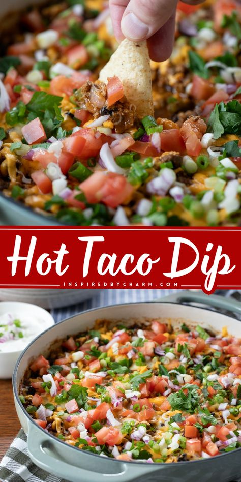 Elevate your appetizer game with this baked Hot Taco Dip, a flavorful twist on the classic taco dip. With ingredients like lean ground beef, seasoned black beans, tomatoes, onions, and a generous topping of cheese, it’s a must-try for your next gathering. Quick to prepare and even quicker to disappear, it’s sure to be a hit! Mexican Dip With Ground Beef, Appetizers With Ground Beef, Warm Taco Dip, Best Taco Dip, Hot Taco Dip, Hor Dourves, Seasoned Black Beans, Mexican Dip, Healthy Munchies