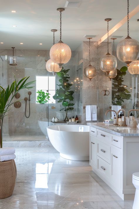 Transform Your Home with This Luxurious Bathroom Oasis Design! Gold White Bathroom Ideas, Modern Guest Bathroom Ideas Interior Design Powder Rooms, High End Bathroom Design Luxury, Bathrooms Luxury Modern, Bathtub Marble, Glossy Floor, Oasis Design, Dual Vanity, Oval Bathtub