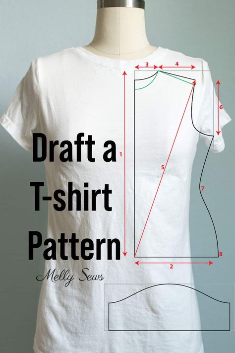 Learn how to draft your own t-shirt sewing pattern for your measurements with step-by-step instructions and a DIY video tutorial. Keep Yourself Busy, Sewing Tshirt, Melly Sews, T Shirt Sewing, Pattern Drafting Tutorials, Learn Sewing, Butterfly Case, T Shirt Hacks, T Shirt Sewing Pattern