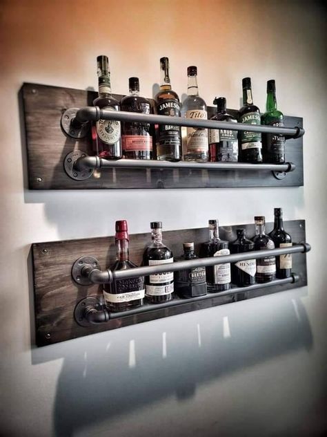 Bar Shelves Ideas, Bar Shelf Ideas, Liquor Shelf, Rope Shelf, Liquor Bar, Basement Bar Designs, Bar Shelves, Diy Home Bar, Bar Shelf