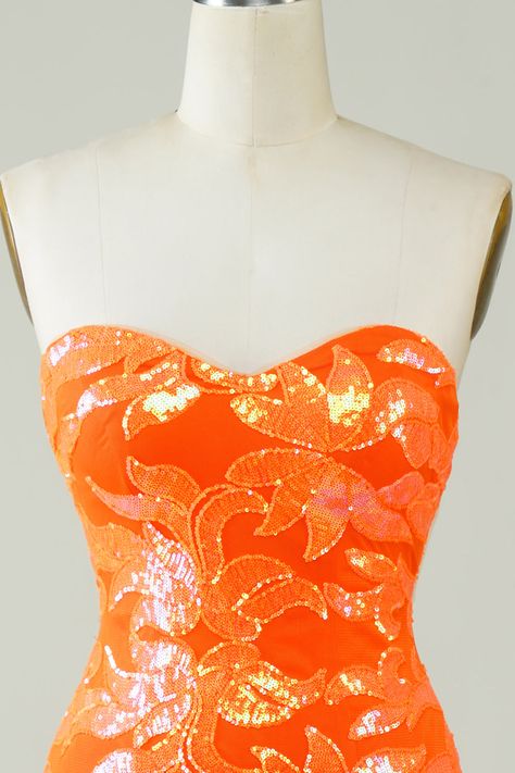 ZAPAKA Women Strapless Orange Tight Homecoming Dress Sequins Sleeveless Cocktail Dress Glitter Homecoming Dress, Black Lace Formal Dress, Tight Homecoming Dress, Black Lace Evening Dress, Red Lace Prom Dress, Burgundy Homecoming Dresses, Sparkly Prom Dresses, Floral Prom Dresses, Pink Evening Dress