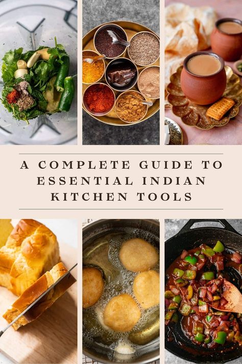 A complete guide to all the kitchenware, cookware, and serveware necessary for an Indian kitchen and Indian cooking. Traditional Indian Cookware, Indian Cookware, Kitchen Items List, Indian Kitchen Utensils, Kitchen Utensils List, Chai Recipes, Essential Kitchen Items, Kitchen Checklist, Healthy Cookware