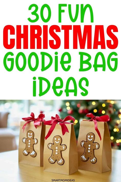 Check out these 30+ things for your Christmas goodie bad. These Christmas favors are for your family to have fun on Christams day! Save this pin for later! Holiday Goodie Bags For Work, Office Christmas Goodie Bags, School Christmas Party Goodie Bags, Diy Christmas Goodie Bags For Coworkers, Classroom Christmas Treat Bags, Small Christmas Goodie Bags, Christmas Goodie Bags For Kids Church, Kids Christmas Gift Bags, Preschool Christmas Goodie Bag Ideas