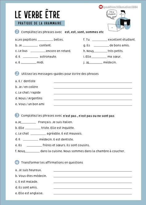 Grade 5 French Worksheets, French Conjugation Worksheets, French Worksheets Intermediate, French Exercises Worksheets, French Grammar Exercises, French Lessons For Beginners, French Language Basics, Learning French For Kids, Learn French Beginner