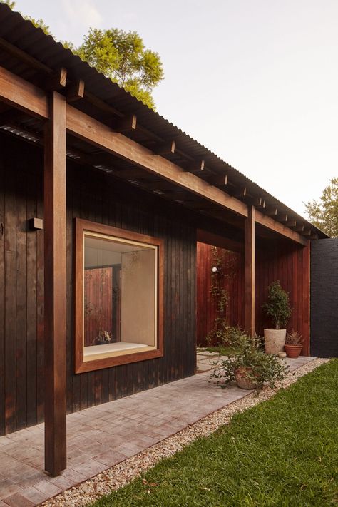 Grotto Studio references shadows with charred-timber cottage extension Side House Extension Ideas, Timber Window Frames, Cottage Extension, Black Brick Wall, Double Glass Doors, Timber Windows, Timber Door, Timber Deck, House Siding