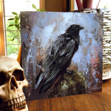 Raven Paintings On Canvas, Raven Acrylic Painting, Crow Ideas, Lindsey Kustusch, Black Ink Painting, Raven Painting, Crow Painting, Color Unit, Painting Animals