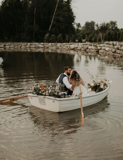 Row Boat Wedding Photos, Dock Ceremony Wedding, Outdoor Pond Wedding, Pond Side Wedding, The Notebook Themed Wedding, Wedding In Front Of Pond, Wedding Boat Pictures, Boat Dock Wedding, Pond Wedding Ceremony