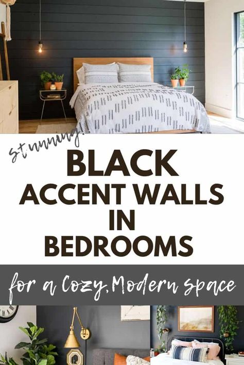 Get the modern farmhouse, cozy boho look in a bedroom with a black accent wall. See stunning examples of how it works perfectly, plus tips on how to combine elements to make the perfect modern farmhouse bedroom retreat. Rooms With A Black Accent Wall, Black Walls In Bedroom Ideas, Light Oak Wood Bedroom Ideas, Modern Bedroom With Black Accent Wall, Diy Black Accent Wall Bedroom, One Wall Black Bedroom, Black Wall Bedroom Modern, Wall Decor For Black Wall, Master With Black Accent Wall