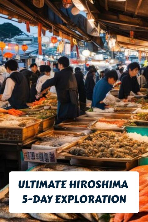 People shopping and selling various seafood at an outdoor market in Hiroshima. Hiroshima Itinerary, Hiroshima Travel, Serbia Travel, Hiroshima Japan, Great Escape, Spring Trip, Day Plan, Hiroshima, Japanese Culture