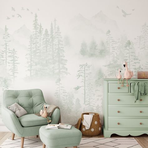 Soft Watercolor Woodland Peel and Stick Wall Mural Fairy - Etsy Woodland Wall Mural, Forest Decal, Trees Wall Mural, Woodland Mural, Woodland Wall Decals, Watercolor Pine Trees, Baby Hunter, Mural Inspiration, Watercolor Woodland